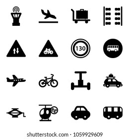 Solid vector icon set - airport tower vector, arrival, baggage, plane seats, oncoming traffic road sign, for moto, speed limit 130, bus, bike, gyroscope, car, jack, helicopter toy