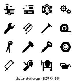 Solid vector icon set - airport building vector, gear globe, wrench, bucksaw, mason hammer, measuring tape, plumber, nail, screw, nut, metal hacksaw, Angular grinder, cocncrete mixer, oiler