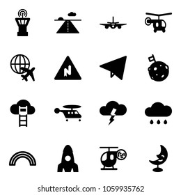 Solid vector icon set - airport tower vector, runway, plane, helicopter, globe, abrupt turn right road sign, paper fly, moon flag, cloud ladder, storm, rain, rainbow, rocket, toy, lamp