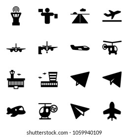 Solid vector icon set - airport tower vector, traffic controller, runway, departure, plane, boarding passengers, small, helicopter, building, paper fly, toy