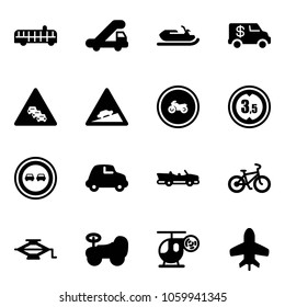 Solid vector icon set - airport bus vector, trap truck, snowmobile, encashment car, multi lane traffic road sign, climb, no moto, limited height, overtake, cabrio, bike, jack, baby, helicopter toy