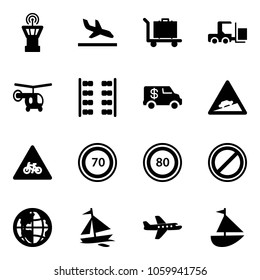 Solid vector icon set - airport tower vector, arrival, baggage, fork loader, helicopter, plane seats, encashment car, climb road sign, for moto, speed limit 70, 80, no parking, globe, sail boat