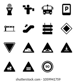 Solid vector icon set - airport tower vector, traffic controller, bus, parking sign, barrier, escalator up, post, main road, giving way, steep descent, drawbridge, pedestrian, railway intersection
