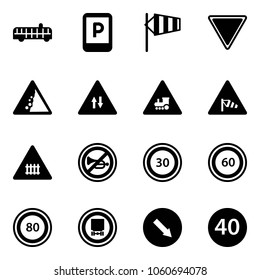 Solid vector icon set - airport bus vector, parking sign, side wind, giving way road, landslide, oncoming traffic, railway intersection, no horn, speed limit 30, 60, 80, dangerous cargo, detour