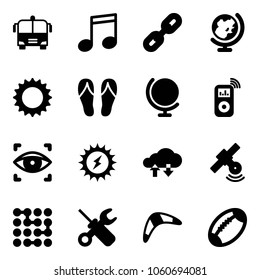 Solid vector icon set - airport bus vector, music, link, globe, sun, flip flops, player, eye scanner, power, cloud exchange data, satellite, circuit, wrench screwdriver, boomerang, football