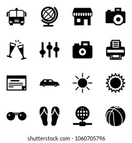 Solid vector icon set - airport bus vector, globe, duty free, camera, wine glasses, settings, printer, schedule, limousine, sun, sunglasses, flip flops, basketball