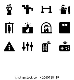Solid vector icon set - airport tower vector, traffic controller, vip zone, passport control, metal detector gate, terrorism, officer window, floor scales, light road sign, settings, remote