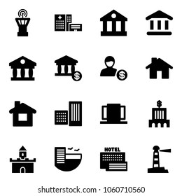 Solid vector icon set - airport tower vector, hospital building, bank, account, home, doors, sand fort, hotel, sea, lighthouse