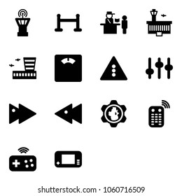 Solid vector icon set - airport tower vector, vip zone, passport control, building, floor scales, traffic light road sign, settings, fast forward, backward, gear globe, remote, joystick wireless