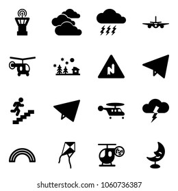 Solid vector icon set - airport tower vector, clouds, storm, plane, helicopter, christmas landscape, abrupt turn right road sign, paper fly, career, rainbow, kite, toy, moon lamp