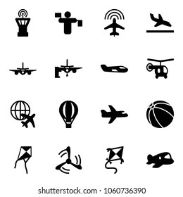 Solid vector icon set - airport tower vector, traffic controller, plane radar, arrival, boarding passengers, small, helicopter, globe, air balloon, ball, kite, wind mill, toy