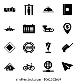 Solid vector icon set - airport bus vector, metal detector gate, client bell, passport, plane, schedule, sleigh, dollar pin, main road sign, customs, pennant, suitcase, tent, bike, globe, paper