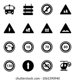 Solid vector icon set - airport bus vector, sign post, no parkin odd, children road, intersection, railway, rough, limited distance, speed limit 10, 70, 80, 130, only forward, end minimal