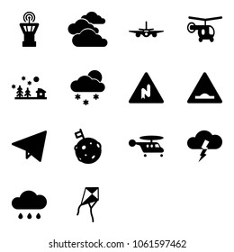 Solid vector icon set - airport tower vector, clouds, plane, helicopter, christmas landscape, snowfall, abrupt turn right road sign, artificial unevenness, paper fly, moon flag, storm, rain cloud