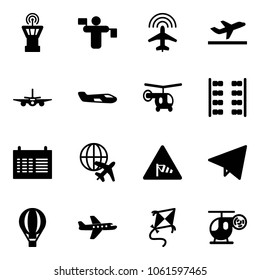 Solid vector icon set - airport tower vector, traffic controller, plane radar, departure, small, helicopter, seats, schedule, globe, side wind road sign, paper fly, air balloon, kite, toy
