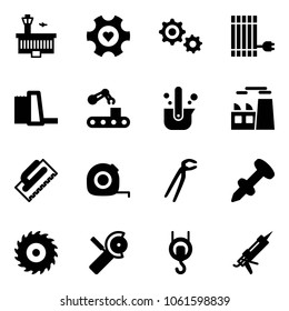 Solid vector icon set - airport building vector, heart gear, sun panel, water power plant, conveyor, casting of steel, trowel, measuring tape, plumber, nail dowel, saw disk, Angular grinder, winch