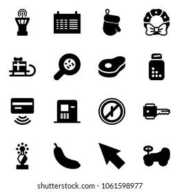 Solid vector icon set - airport tower vector, schedule, christmas glove, wreath, sleigh gift, bacteria, meat, pills bottle, tap pay, atm, no parkin odd, key, award, banana, cursor, baby car