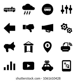 Solid vector icon set - airport bus vector, storm, road sign, settings, left arrow, dislike, loudspeaker, gears, megaphone, pennant, atm map pin, printer wireless, chart, playback, car toy