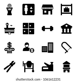 Solid vector icon set - airport tower vector, elevator, duty free, baggage room, building, barbell, bank, account, fretsaw, bolt cutter, cocncrete mixer, stapler, toy block house