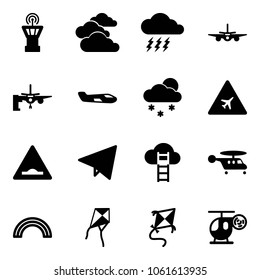 Solid vector icon set - airport tower vector, clouds, storm, plane, boarding passengers, small, snowfall, road sign, artificial unevenness, paper fly, cloud ladder, helicopter, rainbow, kite, toy