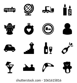 Solid vector icon set - airport bus vector, globe, fork loader, candle, angel, stopwatch heart, no truck overtake road sign, user, car, success, wine, fizz opening, drink, jointer, boomerang