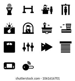 Solid vector icon set - airport tower vector, vip zone, passport control, metal detector gate, terrorism, officer window, building, floor scales, settings, fast forward, jalousie, game console