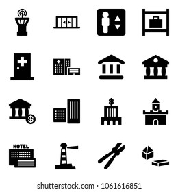 Solid vector icon set - airport tower vector, automatic doors, elevator, baggage room, first aid, hospital building, bank, account, sand fort, sea hotel, lighthouse, bolt cutter, constructor blocks