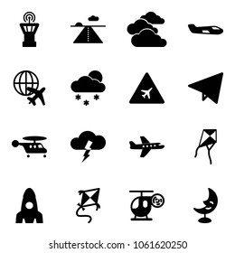 Solid vector icon set - airport tower vector, runway, clouds, small plane, globe, snowfall, road sign, paper fly, helicopter, storm, kite, rocket, toy, moon lamp