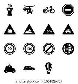 Solid vector icon set - airport tower vector, helicopter, bike, no way road sign, tunnel, steep roadside, side wind, for moto, speed limit 90, 130, parking, globe, electric car, limousine