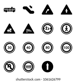 Solid vector icon set - airport bus vector, escalator down, turn right road sign, intersection, railway, side wind, limited width, no pedestrian, speed limit 30, 40, 80, 100, back, customs