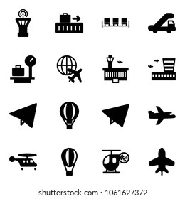 Solid vector icon set - airport tower vector, baggage, waiting area, trap truck, scales, plane globe, building, paper fly, air balloon, helicopter, toy