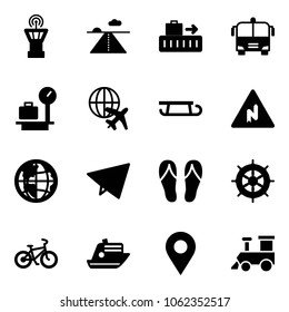 Solid vector icon set - airport tower vector, runway, baggage, bus, scales, plane globe, sleigh, abrupt turn right road sign, paper fly, flip flops, hand wheel, bike, cruiser, navigation pin