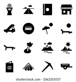 Solid vector icon set - airport tower vector, runway, passport, duty free, trap truck, bus road sign, beach, lounger, palm, mountains, pyramid, tent, axe, trailer