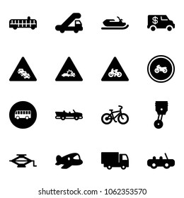 Solid vector icon set - airport bus vector, trap truck, snowmobile, encashment car, multi lane traffic road sign, crash, for moto, no, cabrio, bike, piston, jack, plane toy