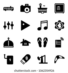 Solid vector icon set - airport bus vector, camera, building, safe, settings, play, music, gear globe, crown, home, flip flops, server wireless, power bank, usb wi fi, oil derrick, boomerang
