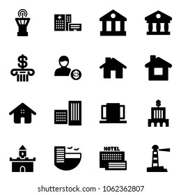 Solid vector icon set - airport tower vector, hospital building, bank, account, home, doors, sand fort, hotel, sea, lighthouse