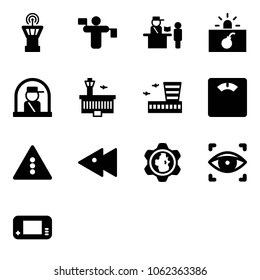 Solid vector icon set - airport tower vector, traffic controller, passport control, terrorism, officer window, building, floor scales, light road sign, fast backward, gear globe, eye scanner
