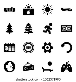 Solid vector icon set - airport bus vector, terrorism, sun, small plane, christmas tree, run, dollar, finance calendar, no road sign, gear, undo, globe, open, lounger, joystick