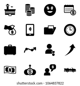 Solid vector icon set - airport building vector, coin, dollar smile, calendar, encashment, mobile payment, folder, time, case, chart point arrow, winner, growth, money, dialog, cabrio