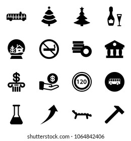 Solid vector icon set - airport bus vector, christmas tree, wine, snowball house, no smoking sign, coin, bank, investment, speed limit 120 road, flask, growth, lounger, hammer