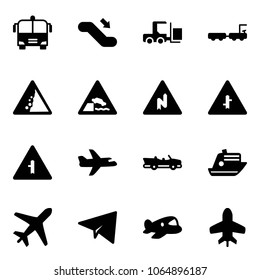 Solid vector icon set - airport bus vector, escalator down, fork loader, baggage truck, landslide road sign, embankment, abrupt turn right, intersection, plane, cabrio, cruiser, paper, toy