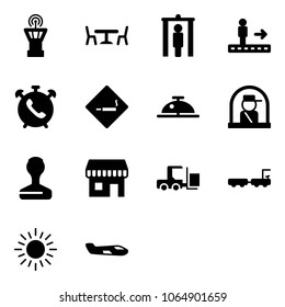 Solid vector icon set - airport tower vector, cafe, metal detector gate, travolator, phone alarm, smoking area sign, client bell, officer window, stamp, duty free, fork loader, baggage truck, sun