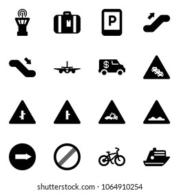 Solid vector icon set - airport tower vector, suitcase, parking sign, escalator up, down, plane, encashment car, multi lane traffic road, intersection, crash, rough, only right, no limit, bike