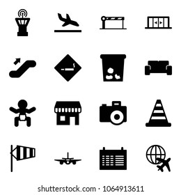 Solid vector icon set - airport tower vector, arrival, barrier, automatic doors, escalator up, smoking area sign, trash, vip waiting, baby, duty free, camera, road cone, side wind, plane, schedule