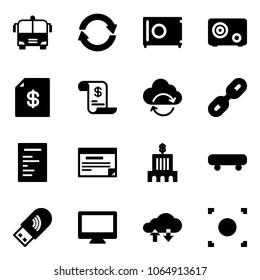 Solid vector icon set - airport bus vector, exchange, safe, account statement, history, refresh cloud, link, document, schedule, bank building, skateboard, usb wi fi, monitor, data, record button