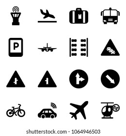Solid vector icon set - airport tower vector, arrival, suitcase, bus, parking sign, plane, seats, multi lane traffic road, intersection, only forward right, detour, bike, car wireless