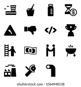 Solid vector icon set - airport building vector, champagne, vial, account history, turn left road sign, dislike, tag code, cup, opportunity, money, agreement, grill, plant, Angular grinder