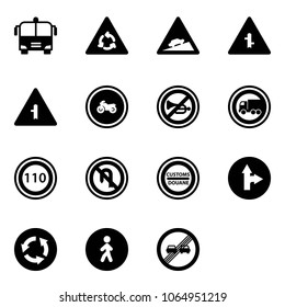 Solid vector icon set - airport bus vector, round motion road sign, climb, intersection, no moto, horn, truck, speed limit 110, turn back, customs, only forward right, circle, pedestrian way