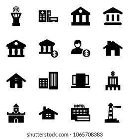 Solid vector icon set - airport tower vector, hospital building, bank, account, home, doors, sand fort, sea hotel, lighthouse