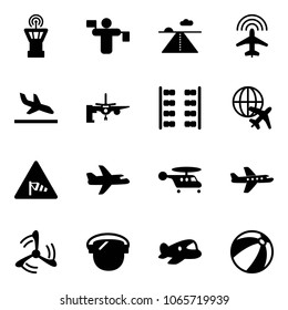 Solid vector icon set - airport tower vector, traffic controller, runway, plane radar, arrival, boarding passengers, seats, globe, side wind road sign, helicopter, mill, protect glass, toy